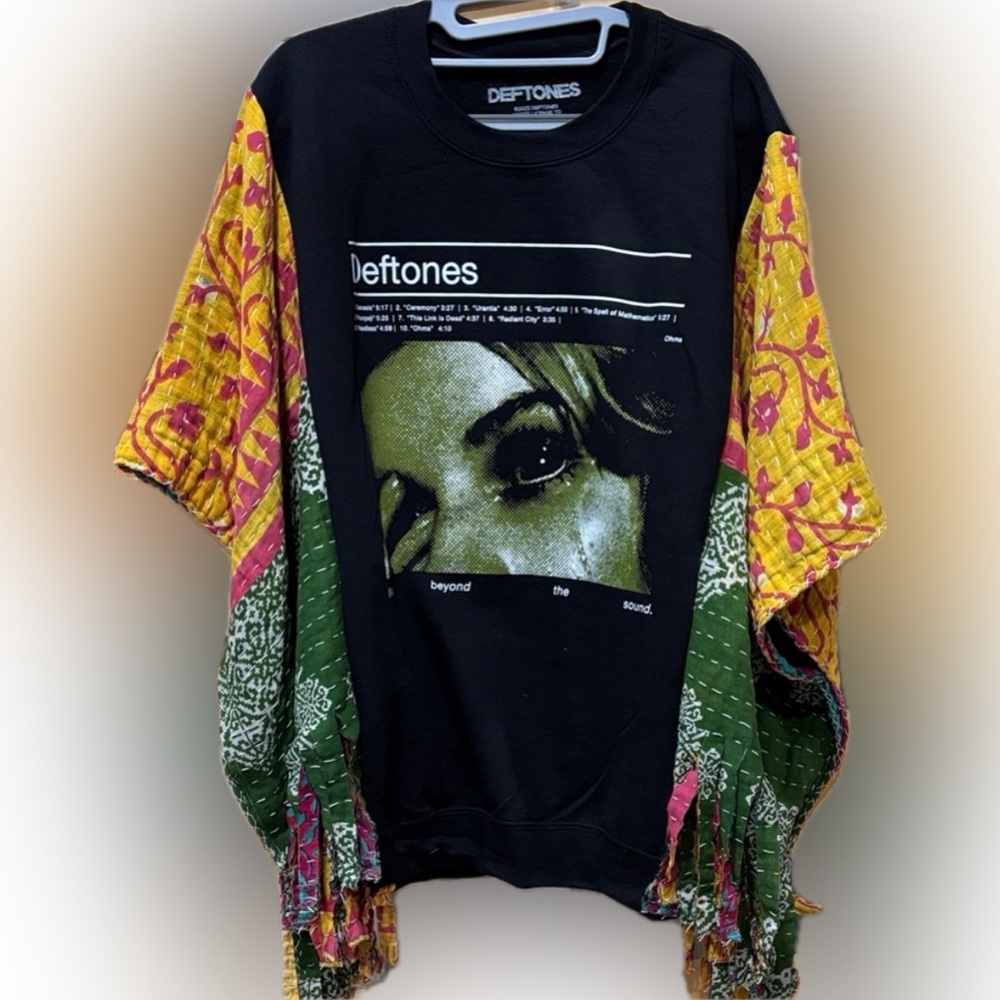 Hand Crafted Deftones Crewneck sweatshirt w/Kantha sleeves, by Susie.